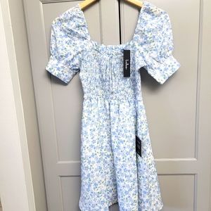 NWT Lulus Smocked Cottage Floral Blue Puff-Sleeve XS Dress